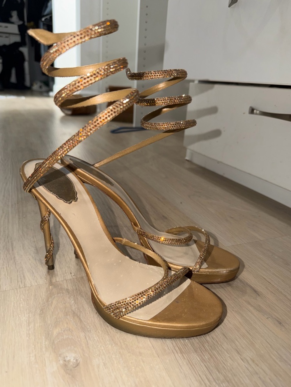 Rene Caovilla Metallic Gold Spiral Wrap Stiletto Sandals